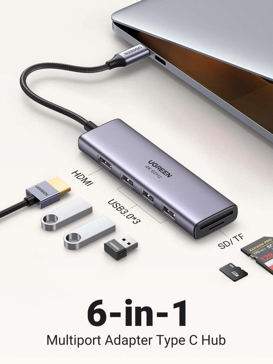 6-In-1 Usb C Hub 4k@60hz USB hub - 6 ports - Sølv